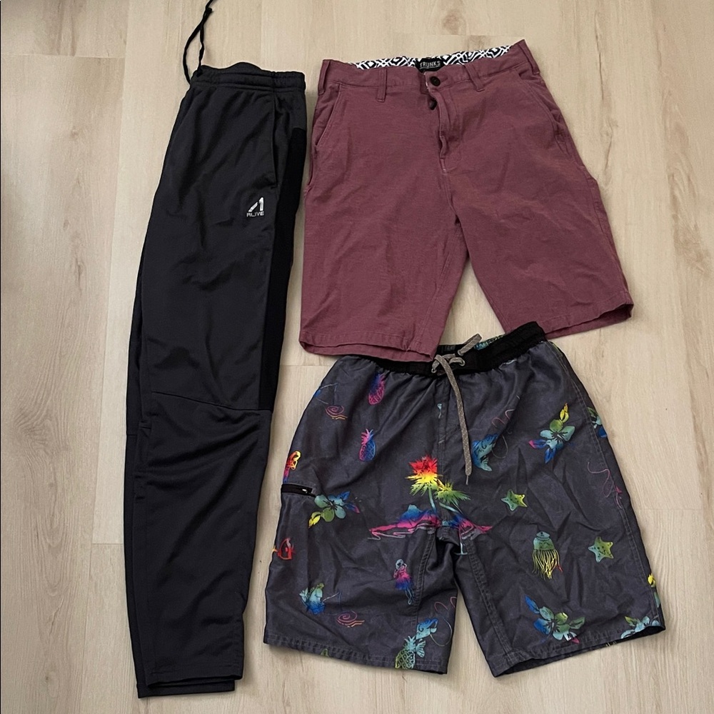 Boys 10/12 bundle -Black Athletic Pants, Maroon Chino Shorts & fun swim trunks
